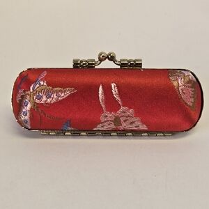 Vntg Brocade w/Butterfly Design Lipstick Case w/Mirror 4"X1 1/2"X1 1/4"